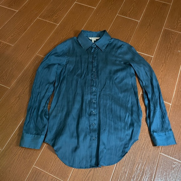 BCBGeneration teal blue button down blouse long sleeve size small cotton stretch - Picture 2 of 11